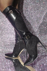 Buckle Detail Pointed Knee High Stiletto Heeled Boots